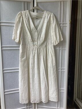 a new day Cream Eyelet Midi Dress with V-Neck and Puff Sleeves